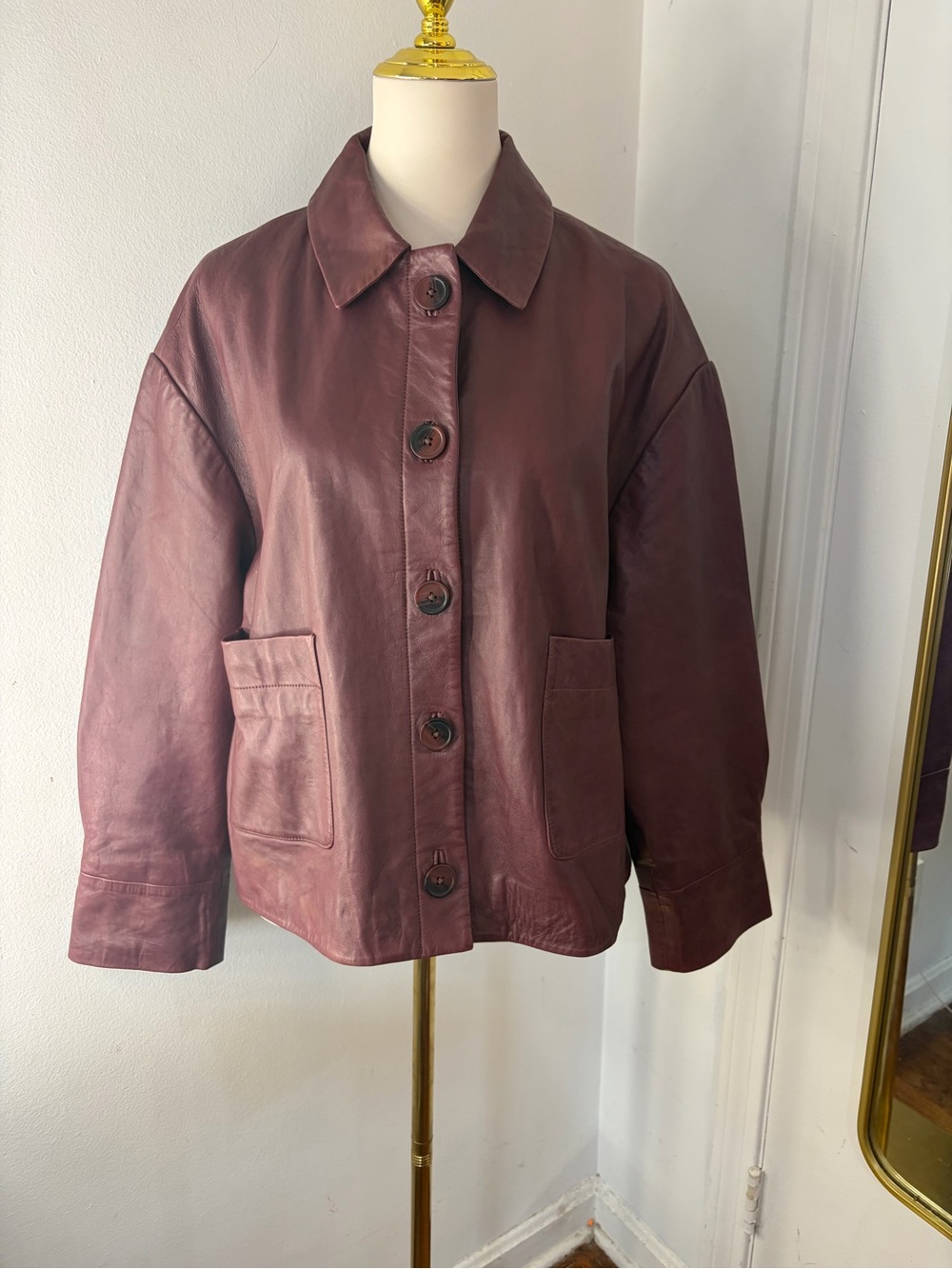 Sézane Burgundy Regine Oversized Lamb Leather Luxe Button-Up Jacket